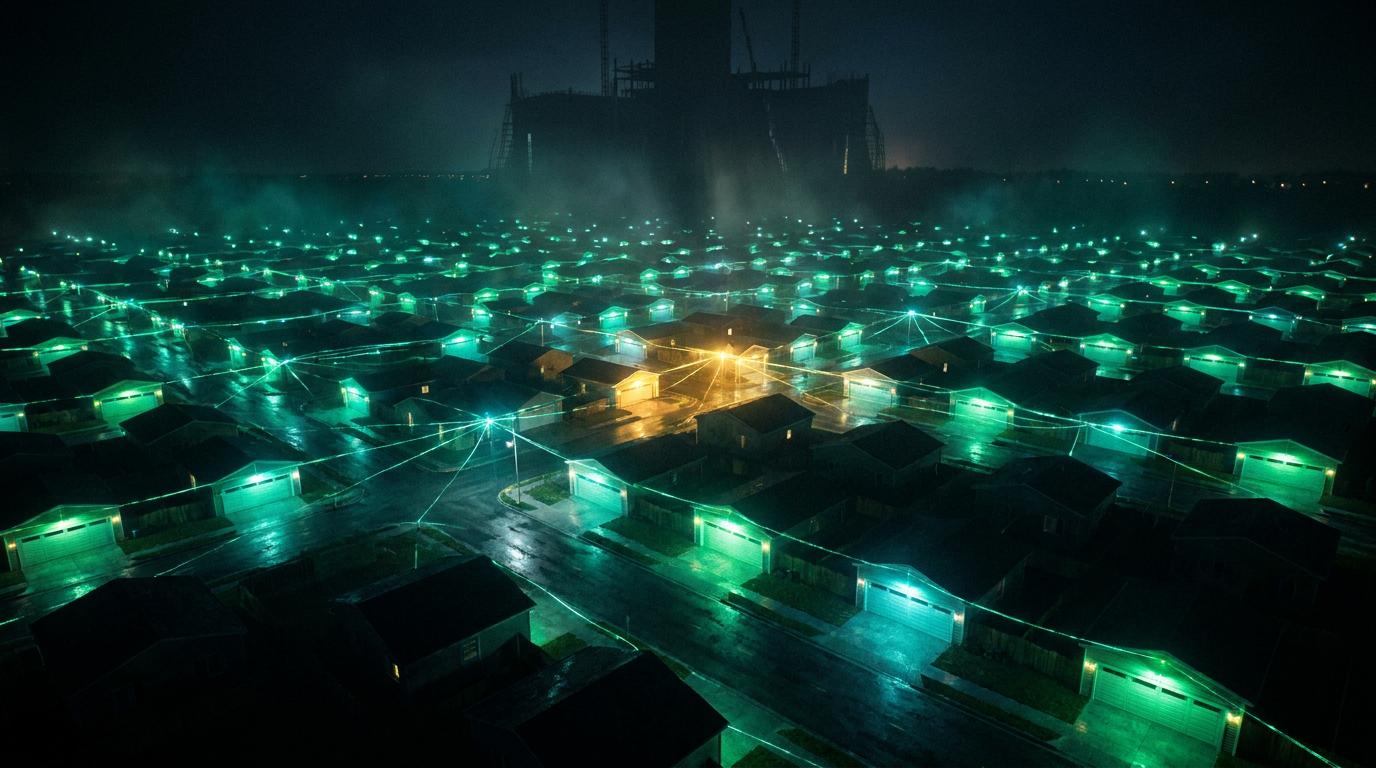 A neighborhood of glowing garages meshed into one living network